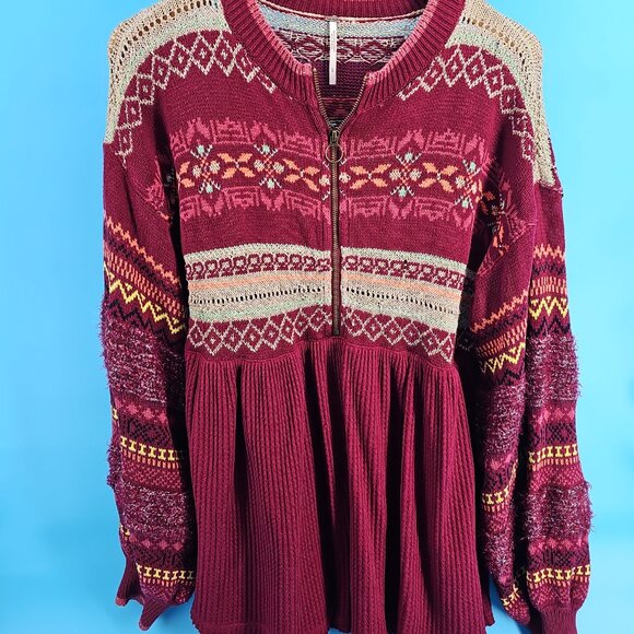 ✨ Free People Metallic Fair Isle Tunic Sweater – Size L (Burgundy Multi) - Picture 2 of 10